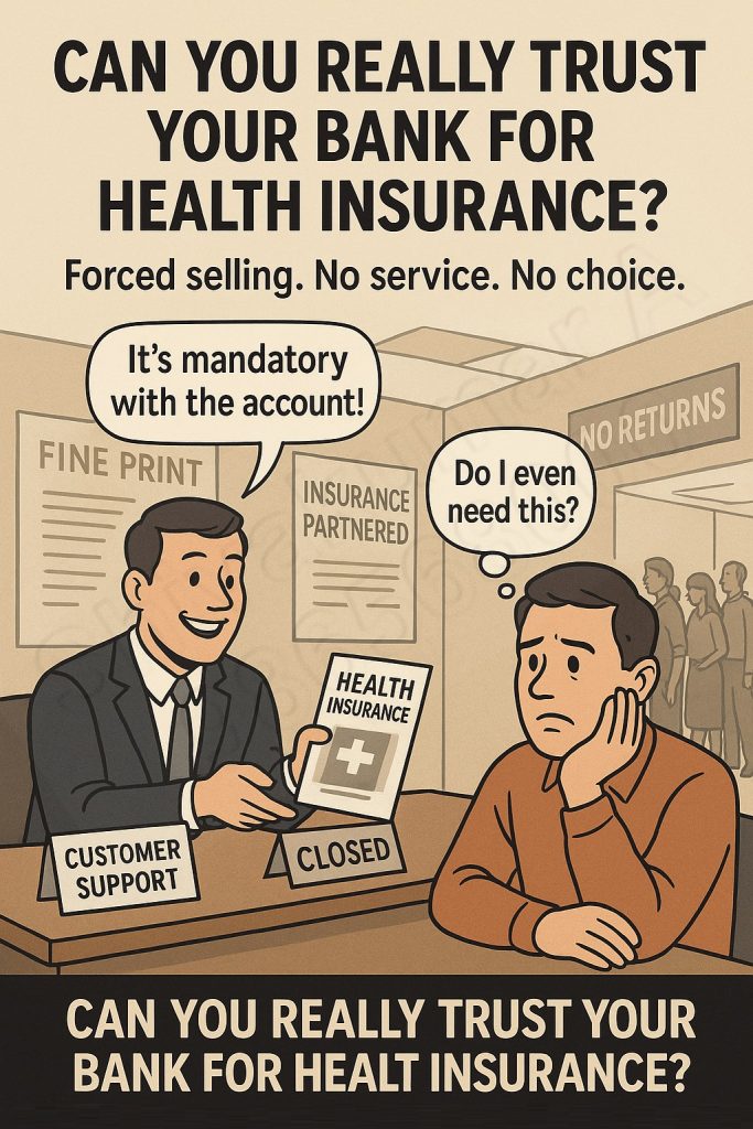 Can I buy health insurance from my bank?, Health insurance from bank, Bank sold insurance, Forced insurance by bank, Bank manager pressure, Mis-selling insurance, No after-sale service, Insurance claim rejection, Bank insurance harassment, Health insurance fraud bank, Bank-linked insurance issues, Poor claim support, Insurance through bank problems, Claim settlement delays, bank manager pressure, bank no support for claims bank health insurance problems, why banks sell insurance?, Bank insurance scam, Medical insurance by bank, Bank insurance complaints, No customer support, Bank manager forcing insurance, Health policy claim denial, Bank insurance grievance,