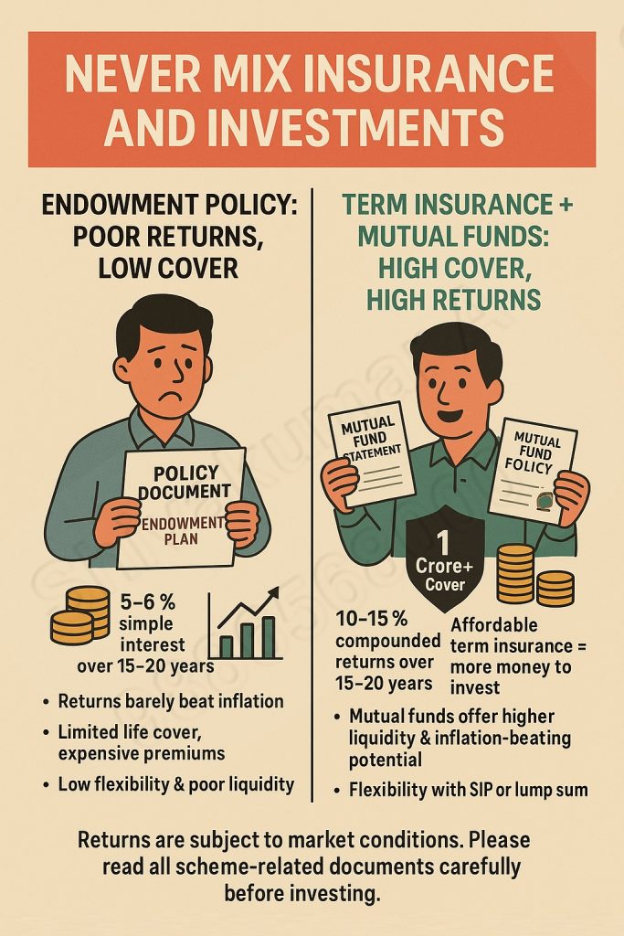 Never Mix Insurance and Investment, Term Insurance, Life Coverage, Pure Protection, Financial Planning, , Lifestyle-Based Insurance, Insurance Needs Analysis, Income Protection, Monthly Budget, Investment Planning, Goal-Based Investing, Risk Appetite, Wealth Creation, Emergency Fund, SIP (Systematic Investment Plan), ULIP vs Term Plan, Financial Discipline, Cost-Effective Insurance, Insurance vs Investment, Long-Term Returns, Separate Financial Goals,